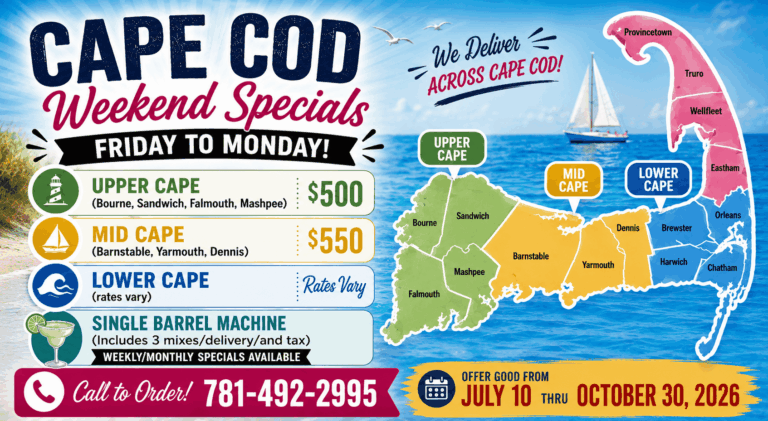 Cape Cod frozen margarita machine rental weekend specials – Upper, Mid, and Lower Cape delivery pricing
